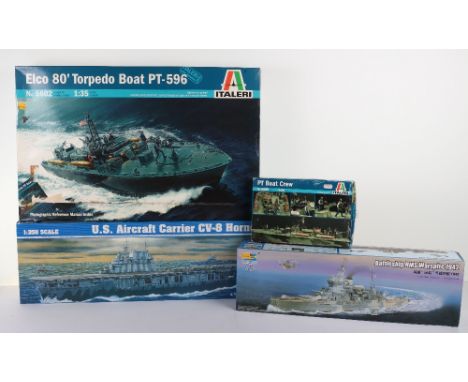 Italeri 1:35 scale Torpedo boat and two Trumpeter model kit Battleships, unopened Italeri Elco 80’ Torpedo Boat PT-596, box g