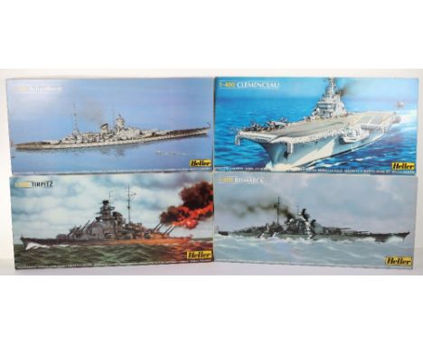 Four Heller 1:400 scale model Battleship kits, Scharnhorst Battleship, Aircraft Carrier Clemenceau, Tirpitz Destroyer and Bis