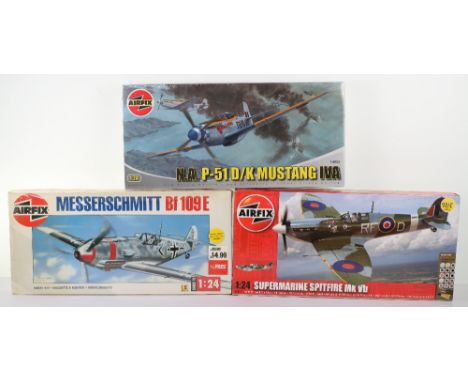 Three Airfix 1:24 scale WWII Fighter Aircraft model kits, sealed N.A P-51 D/K Mustang IVA and Messerschmitt Bf 109E, opened S