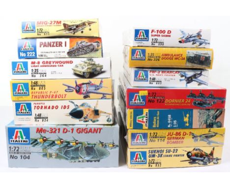 Thirteen Italeri 1:72, 1:48 and 1:35 scale Aircraft and Military vehicle model kits, six 1:72 scale aircraft sealed boxed Dor