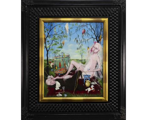 * HEATHER NEVAY (SCOTTISH b. 1965),THE HUNTING PARTYoil on panel, titled label versoimage size 50cm x 40cm, overall size 81cm