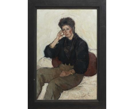 * LAURA HARRISON (SCOTTISH b. 1946),LINDA, PORTRAIT oil on board, signed, titled label versoimage size 91cm x 60cm, overall s