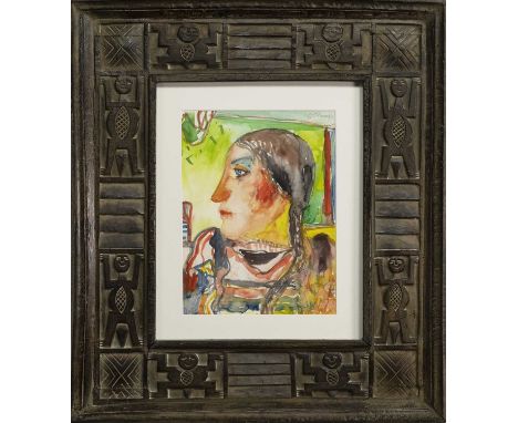 * JOHN BELLANY CBE RA HRSA (SCOTTISH 1942 - 2013),MAYAN GIRL watercolour on paper, signedimage size 37cm x 28cm, overall size