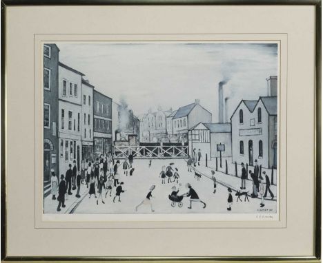 * LAURENCE STEPHEN LOWRY RBA RA (BRITISH 1887 - 1976),LEVEL CROSSING, BURTONoffset lithograph on paper, signed in pencil imag