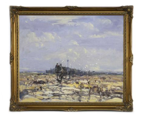 * WILLIAM NORMAN GAUNT (BRITISH 1918 - 2001),FISHERMAN RETURNoil on canvas, signed, titled label versoimage size 51cm x 61cm,