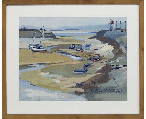 * PAM CARTER DA PAI (SCOTTISH 1952 - 2022),HARBOUR LIGHTHOUSEgouache on paper, signed and dated '83, inscribed 'Porth Tywyn',