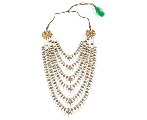 Oval pearls ap. 5.0 mm., fancy-shaped foil-backed diamonds, colorful enamel on reverse. Length adjustableTests as 18 kt., she