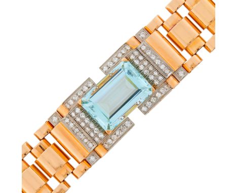 One emerald-cut aquamarine ap. 40.75 cts., 64 single-cut diamonds ap. 2.25 cts., c. 1940, ap. 60 dwts. gross. Length 7 1/8 in