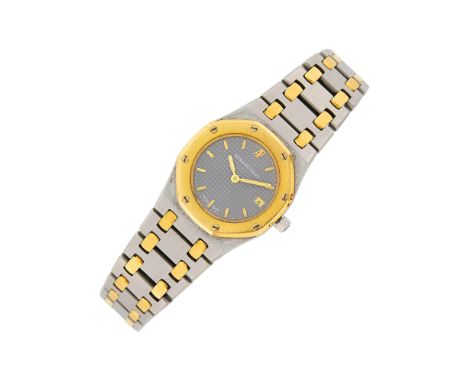Quartz, round gray tapisserie dial, gold-tone bar markers, date aperture, screw-down octagonal gold bezel, logo crown, sapphi
