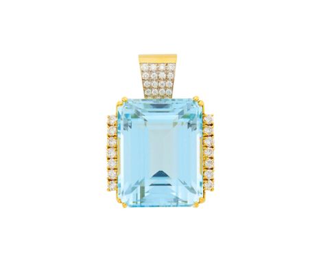 18 kt., one emerald-cut aquamarine ap. 91.25 cts., 14 round diamonds ap. 1.40 cts., 20 round diamonds ap. .65 ct., ap. 27.3 d