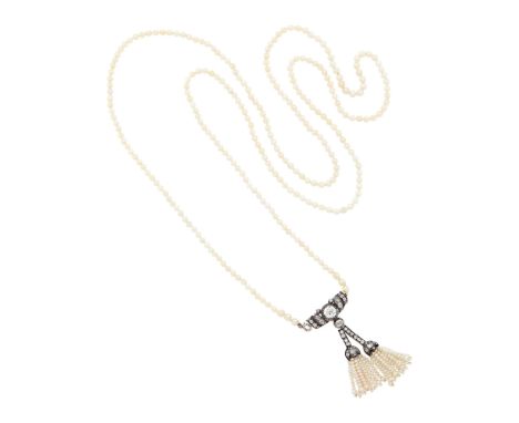 270 pearls ap. 4.36 to 3.25 mm., one old-mine cut diamond ap. 1.30 cts., one cushion-shaped old-mine cut diamond ap. .25 ct.,
