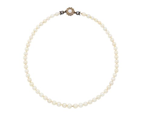 58 pearls ap. 6.64 to 4.71 x 4.55 mm., one button pearl ap. 5.6 mm., 14 old-mine cut diamonds ap. .50 ct., small rose-cut dia