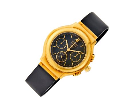 18 kt., automatic, round black dial, gold-tone bar markers, three subsidiary dials, brushed bezel, logo crown, sapphire cryst