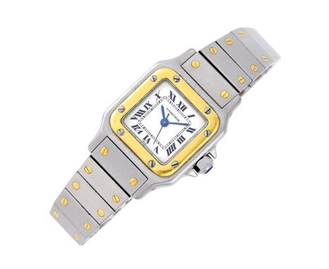 Automatic, square off-white dial, black Roman numerals, sweep seconds, screw-down cushion-shaped gold bezel, round synthetic 