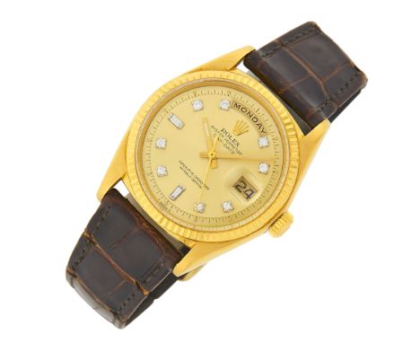 18 kt., automatic, circular champagne sunburst dial, aftermarket diamond-set markers, luminous hands, sweep seconds, date ape