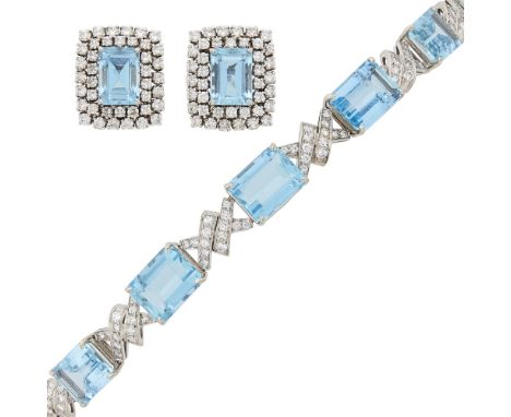 14 kt., 7 emerald-cut aquamarines ap. 32.20 cts., 98 round and single-cut diamonds ap. 3.70 cts., 2 emerald-cut aquamarines a