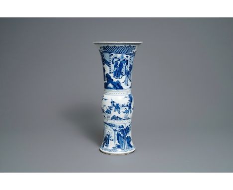 A Chinese blue and white gu vase with figurative design, Kangxi -- H.: 46,5 cm   ---   Condition reports, high resolution ima