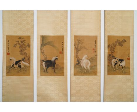 Chinese school, after Zhao Mengfu (1254-1322), ink and colour on silk, 19/20th C.: 'Four horses' -- Dim.: 118 x 28 cm (each s