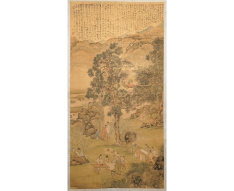 Chinese school, signed Hua Yan (1682-1756), ink and colour on paper: 'Scholars in a mountain forest' -- Dim.: 257 x 104,5 cm 