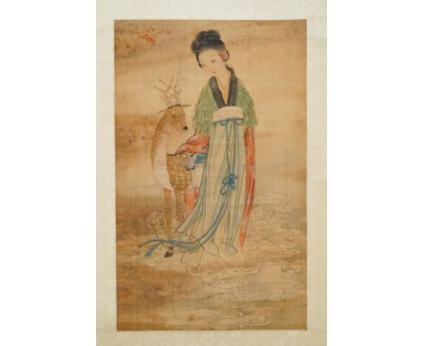 Chinese school, ink and colour on silk, Qing: 'Magu with deer' -- Dim.: 161,5 x 41,5 cm (the scroll) Dim.: 48,5 x 30 cm (the 