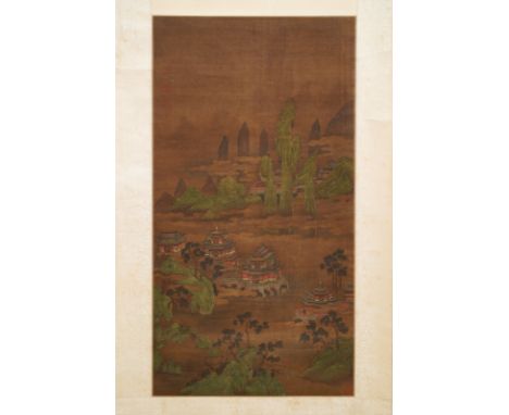 Chinese school, signed Yuanbian Xiang (1525-1590), ink and colour on silk: 'Landscape after Zhao Boju'Dim.: 206,5 x 53 cm (th