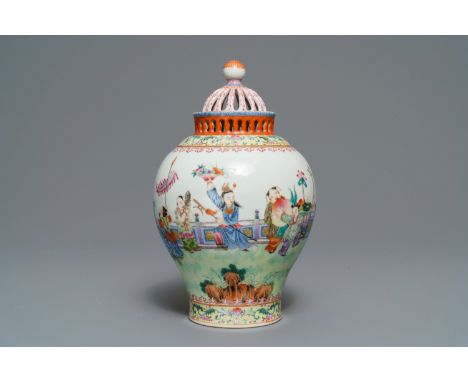 A reticulated Chinese famille rose 'Playing boys' vase, Jiaqing mark, Republic -- H.: 24 cm (incl. lid) H.: 19 cm (excl. lid)