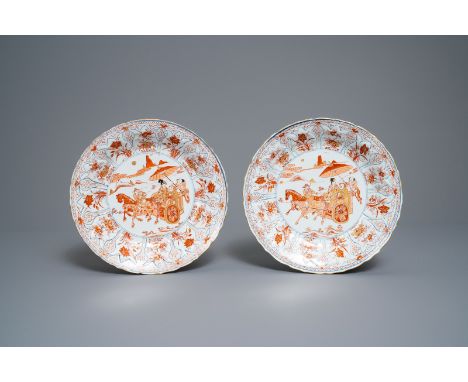 A pair of Chinese 'milk and blood' plates with a horse carriage, Kangxi -- Dia.: 28 cm --- Condition reports, high resolution