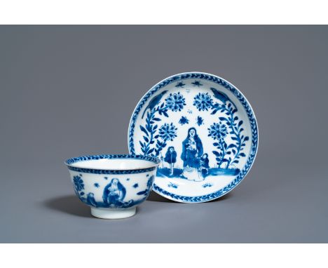 A Chinese blue and white 'mother with child' cup and saucer, Kangxi -- H.: 5 cm - Dia.: 9,5 cm (the cup) Dia.: 13 cm (the sau