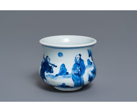 A Chinese blue and white censer with figures in a landscape, Kangxi -- H.: 9,5 cm - Dia.: 10,5 cm   ---   Condition reports, 