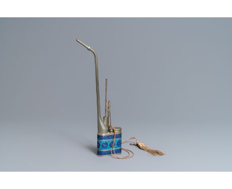 A Chinese inscribed paktong metal and enamel water pipe, 19th C. -- H.: 36 cm   ---   Condition reports, high resolution imag