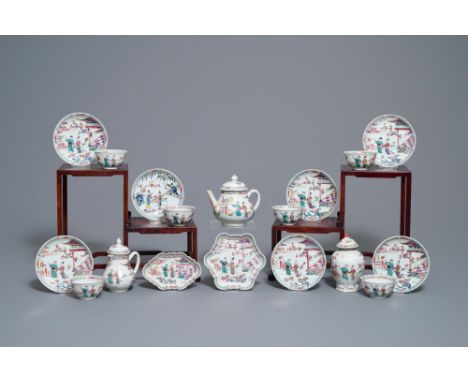 A Chinese famille rose 18-piece tea service, Yongzheng -- Dia.: 7,5 cm - H.: 3,5 cm (the cups) Dia.: 12 cm (the saucers) L.: 