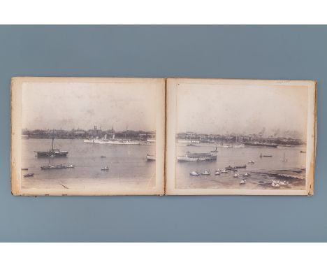 A Chinese album with nine silver gelatin albumen photos of a.o. the Shanghai Bund, dated 1899Dim.: 32 x 24 cm --The front cov