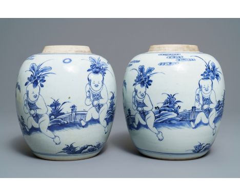 A pair of Chinese blue and white jars with boys in a garden, Kangxi -- H.: 22 cmÊ Condition: (UV-checked) - One in excellent 