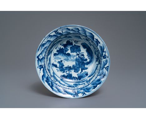 A Chinese blue and white basin with figures in a landscape, Wanli -- Dia.: 28 cm - H.: 7,5 cm   ---   Condition reports, high