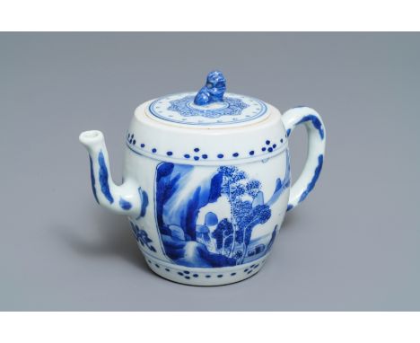A Chinese blue and white 'landscape' teapot and cover, Kangxi -- H.: 11 cm - L.: 16,5 cmÊ Condition: (UV-checked) - Teapot an