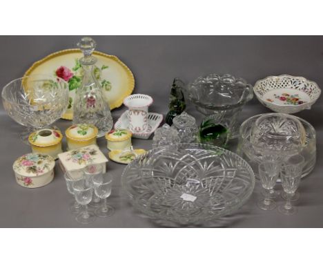 A collection of glassware including a mallet-form decanter, pedestal bowl etc. together with ceramic ware including a 1930s d