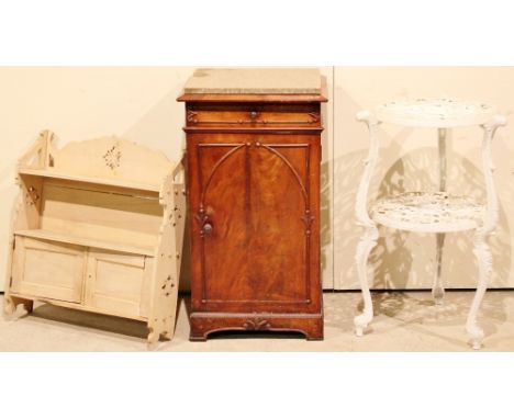 A 19th Century marble-topped mahogany bedside cabinet together with a scrubbed pine wall hanging shelf and cast metal 2-tier 