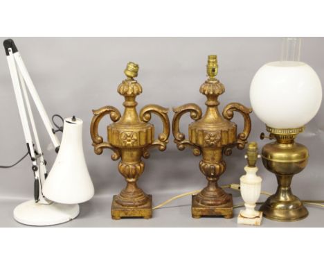 Two urn stye lamps, one oil lamp, an alabaster style lamp & an anglepoise lamp (collector's electrical items) & a lamp shade