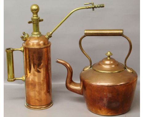 A copper kettle with brass knob together with a copper and brass water sprayer