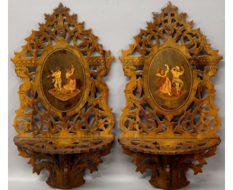 A pair of late 19th/early 20th Century Sorrento ware flat carved wooden shelf units - inlaid decoration of dancers - shelves 