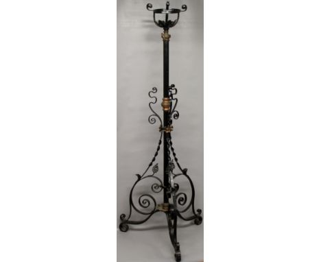 A Victorian flower stand - converted paraffin lamp - decorated with  wrought iron (139 cm h)