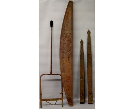 Maldon Ironworks cast iron makers plate, two wrought iron gate hinges & a metal boot scraper 