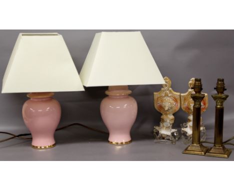 Pair of column form table lamps together with a pair of wall mounted candle sticks and a pair of ceramic table lamps of balus