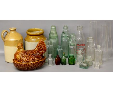 A collection of glass bottles, lamp chimney & stone ware vessels (19th and early 20th Century) inc. Portmeirion Chicken dish 