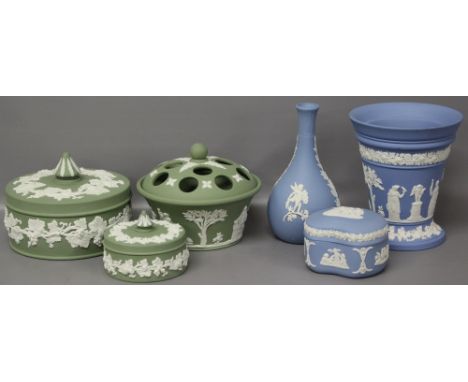 Selection of Wedgwood Jasperware  some dating from mid-1960s,- 3 green, 3 blue including lidded trinket boxes.