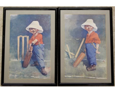 A pair of E.P.Kinsella prints of a boy playing cricket
