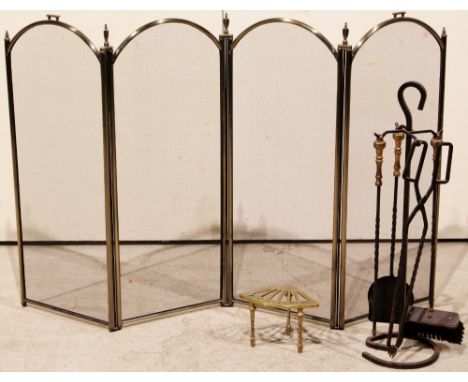 Fireguard together with brass handled companion set and brass trivet