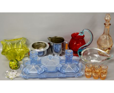 Selection of glassware including Bohemia & Murano, blue pressed glass dressing table set, a pink decanter & 6 small glasses w