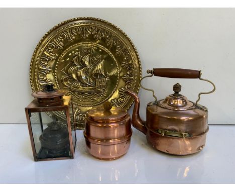 Brass Charger, Copper Kettle and Tea Caddy etc 