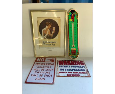 Advertising Print, Plastic Golden Shred Thermometer and Warning Signs 